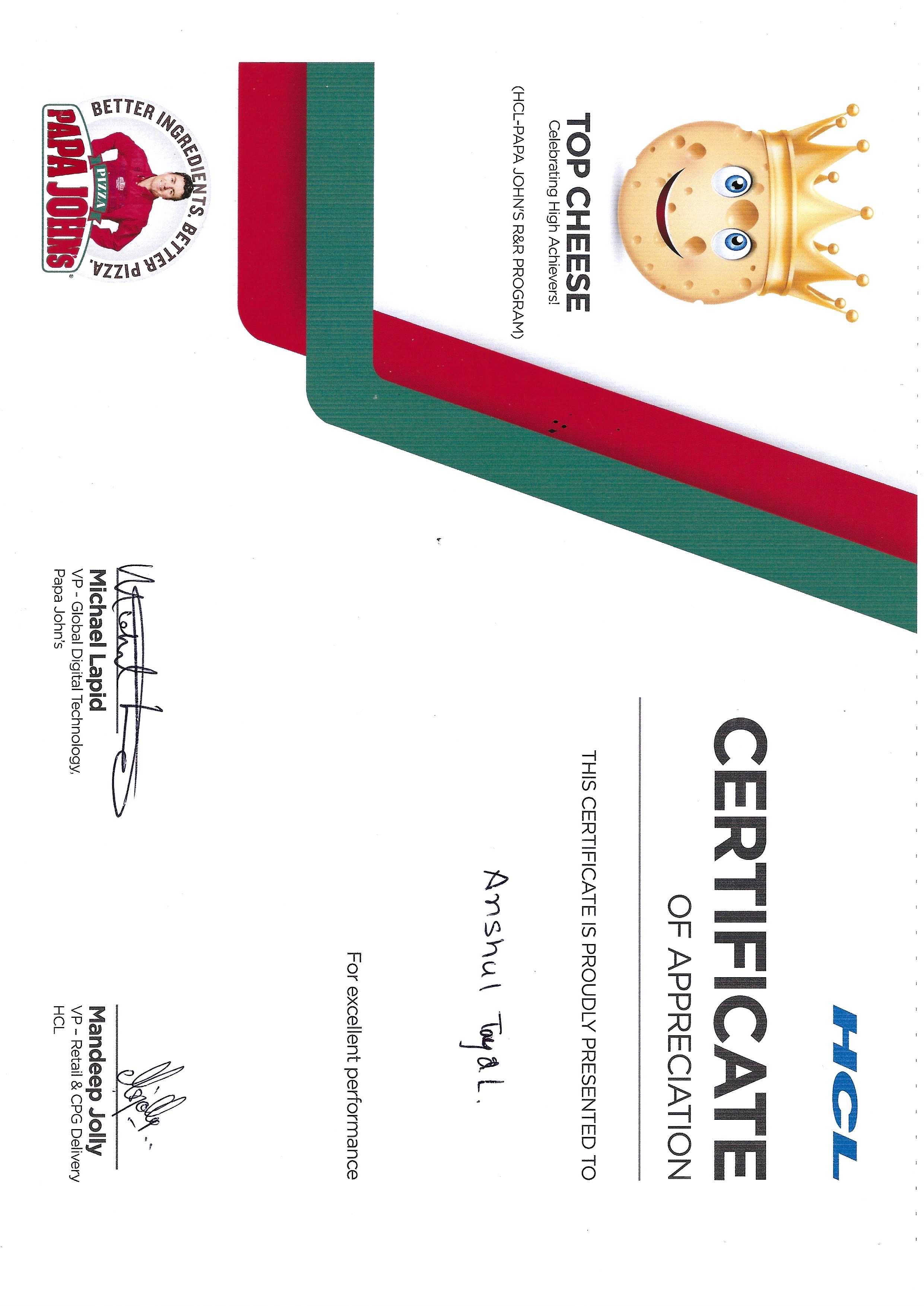 Top Cheese Award certificate