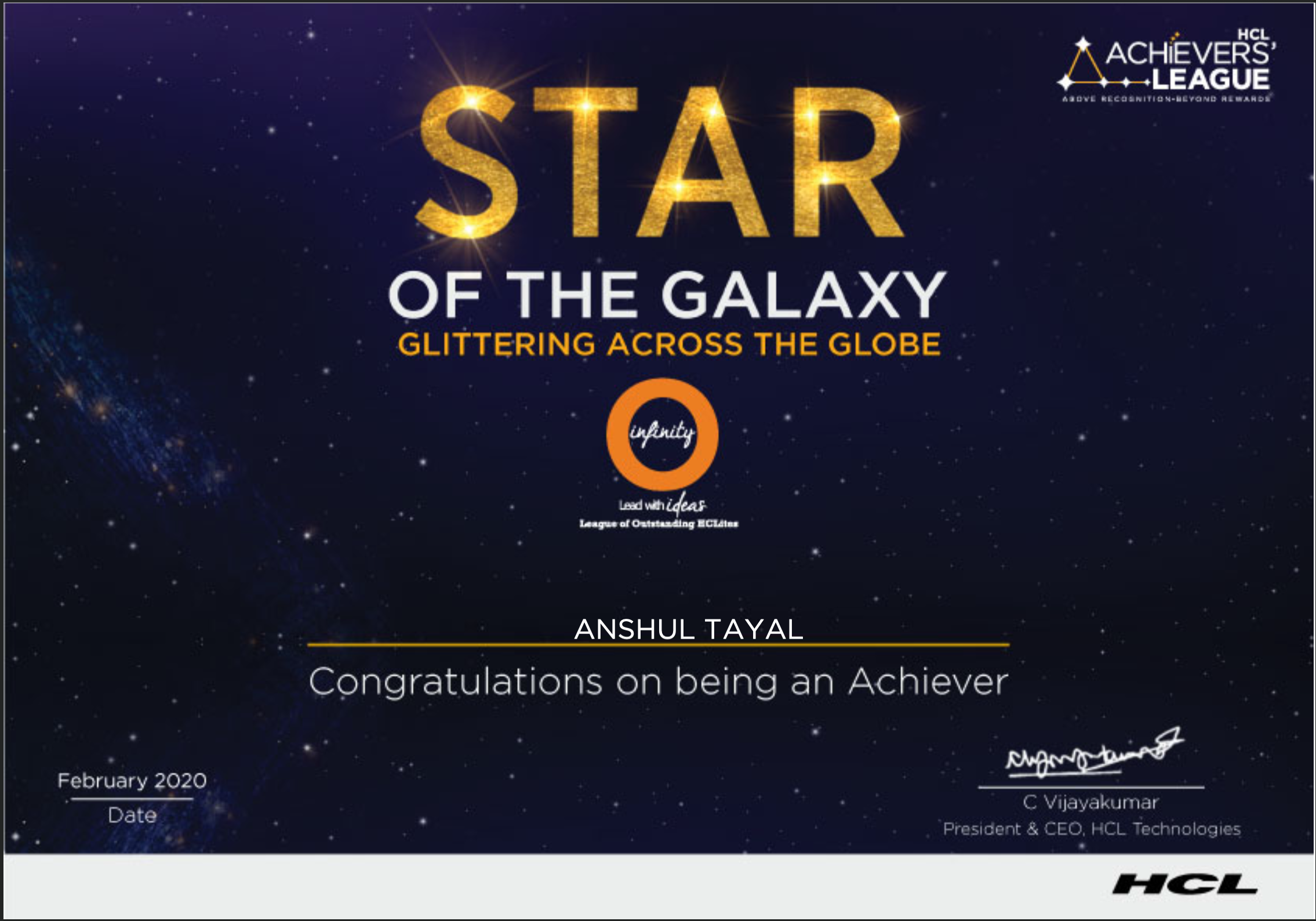 O2 League of Extraordinary Awards certificate