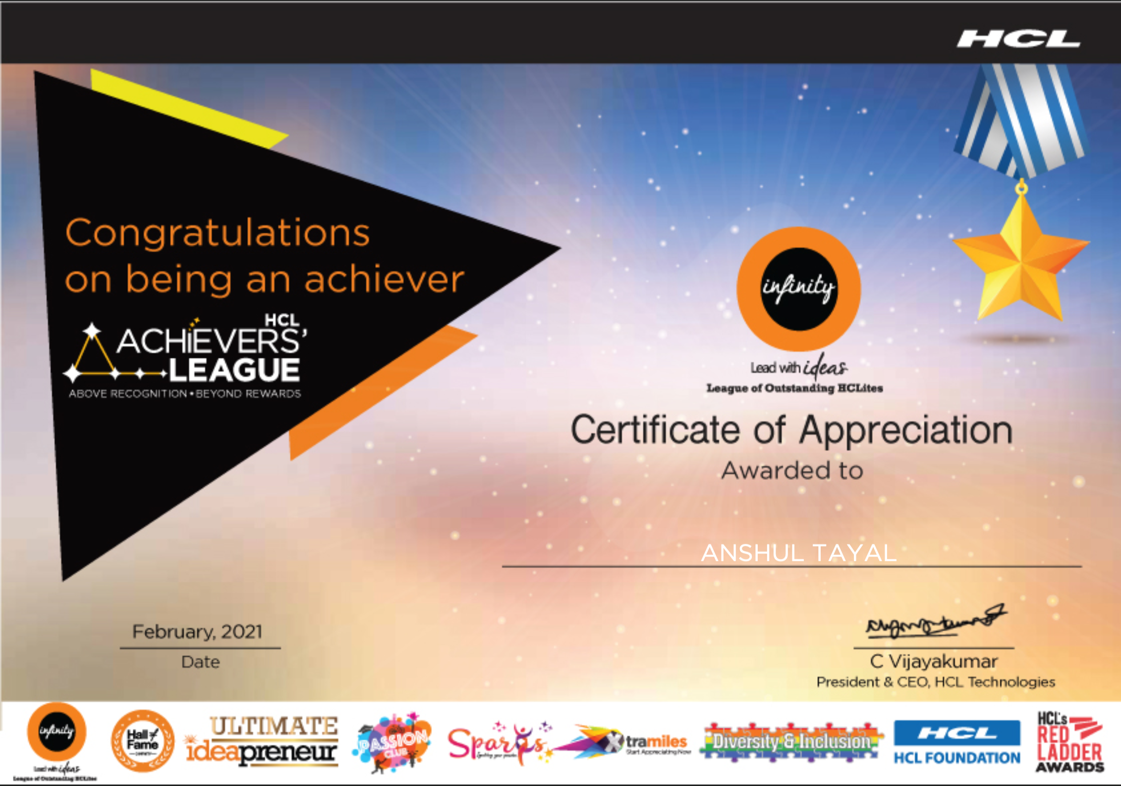O3 League of Extraordinary Awards certificate