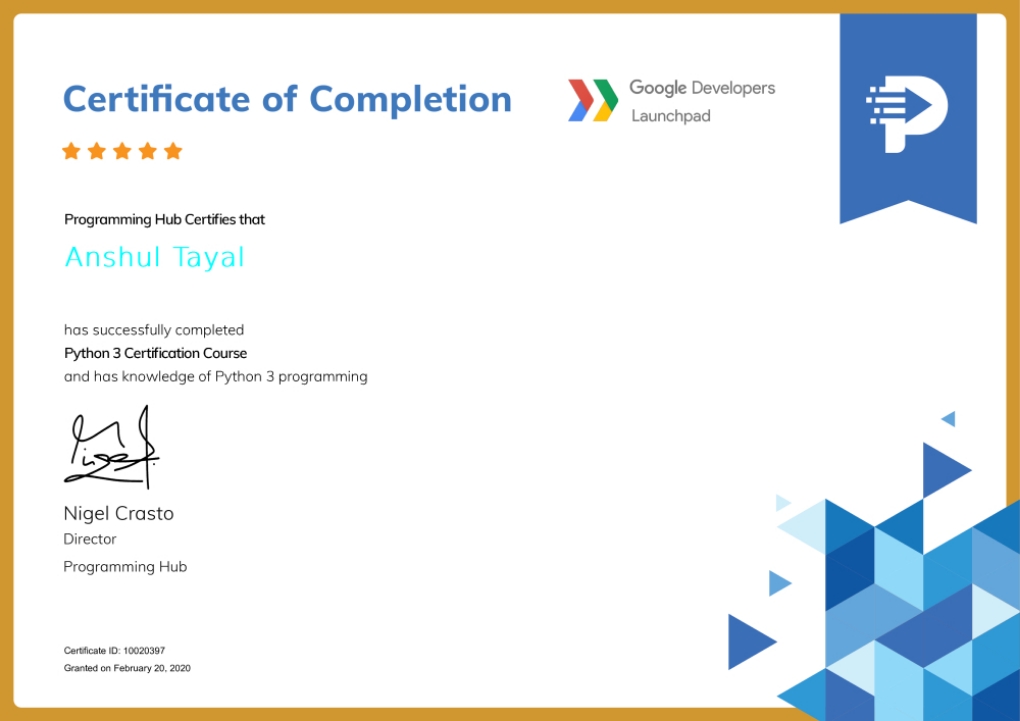 Python 3 Certification Course certificate
