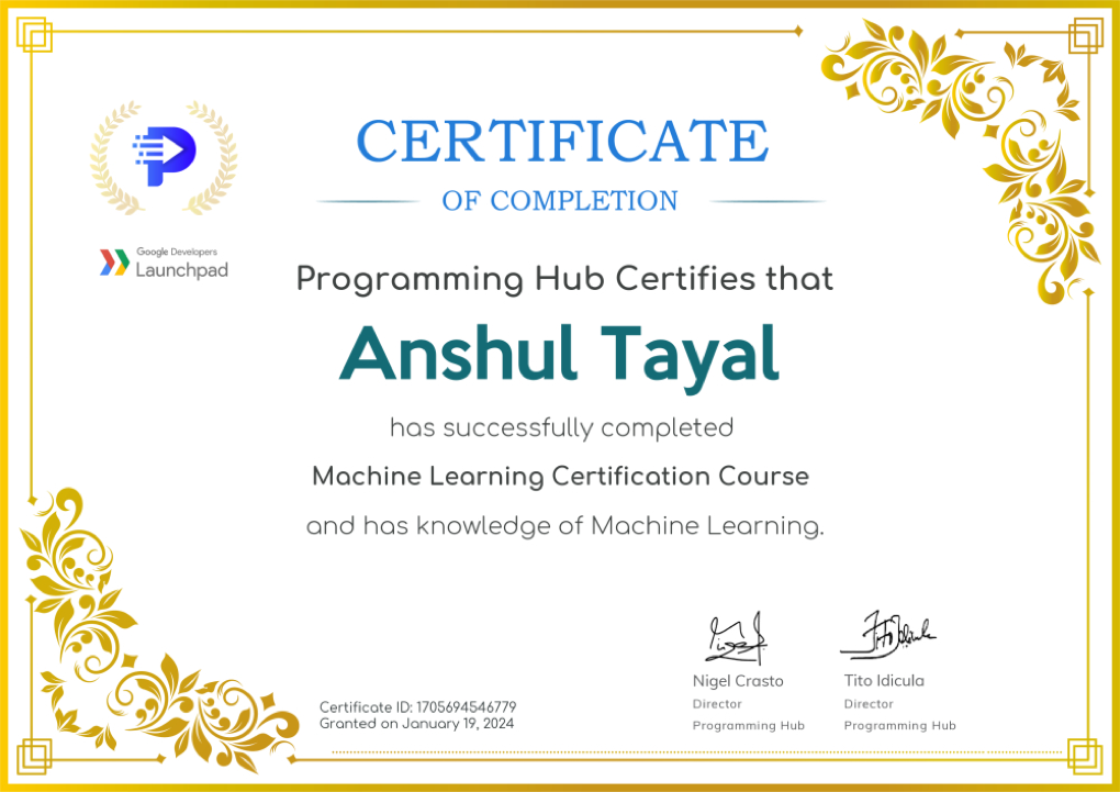 Machine Learning Certification Course certificate
