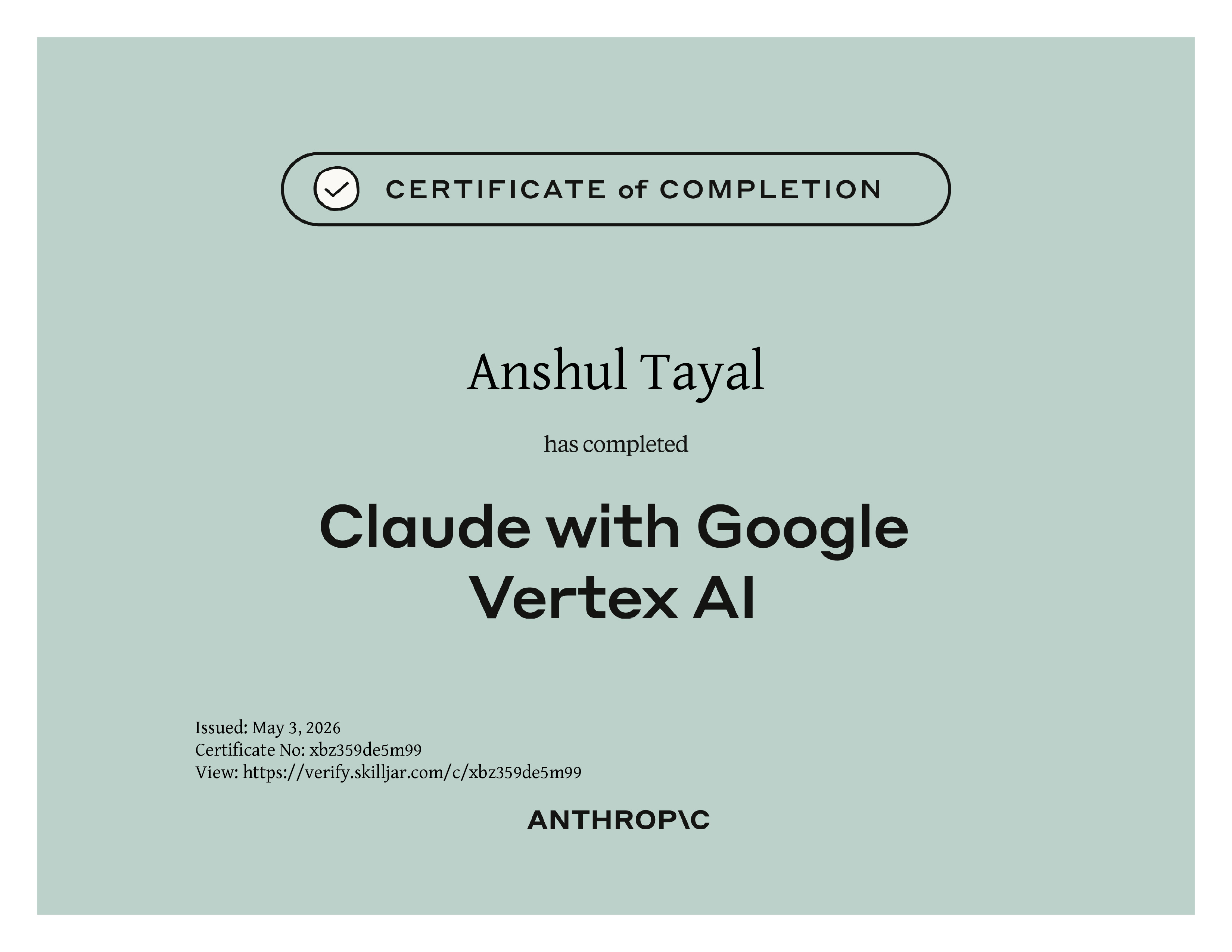Claude with Google Cloud Vertex AI certificate