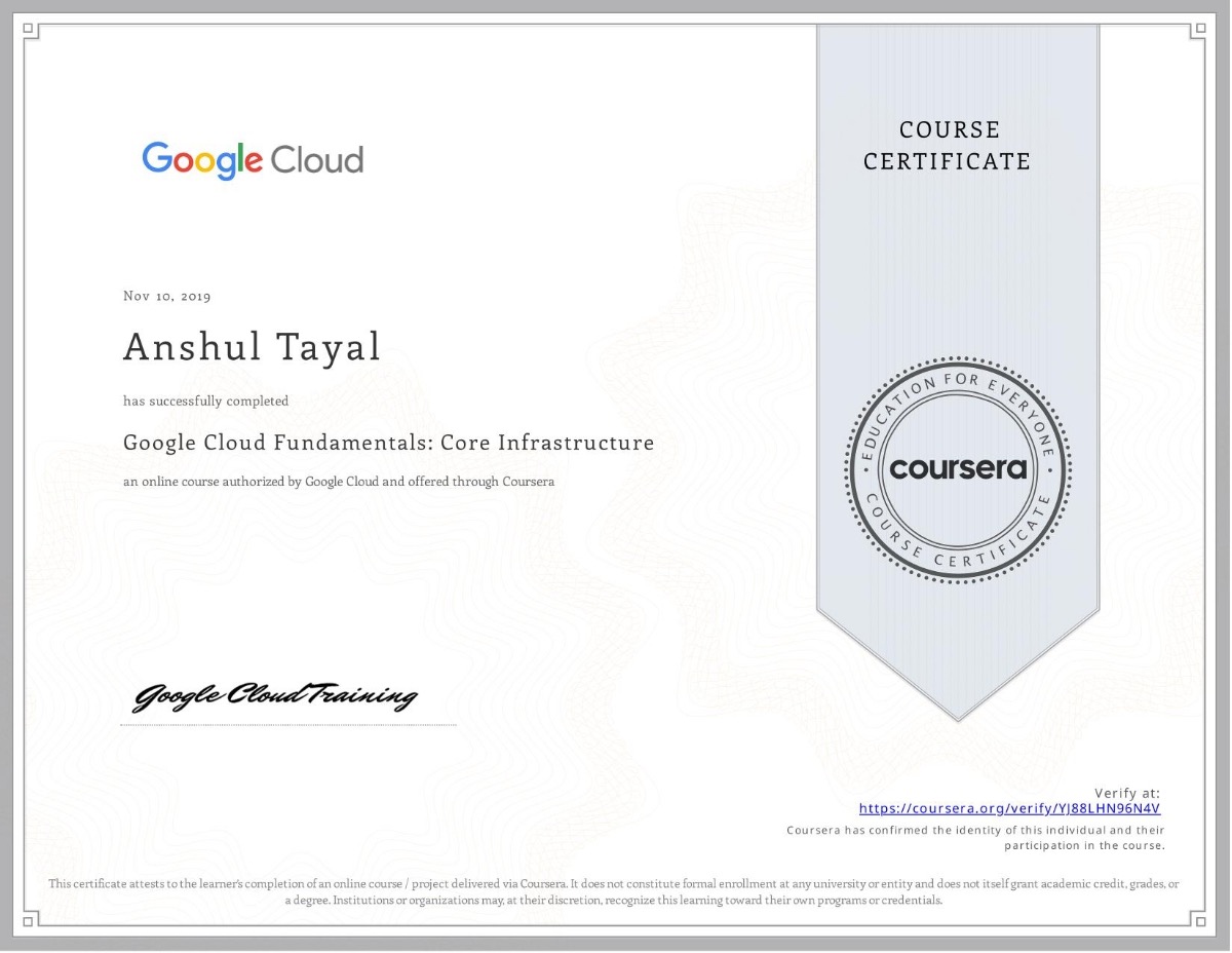 Google Cloud Fundamentals: Core Infrastructure certificate
