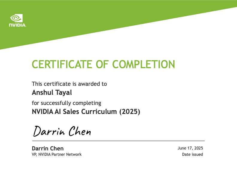 NVIDIA AI Sales Curriculum 2025 certificate