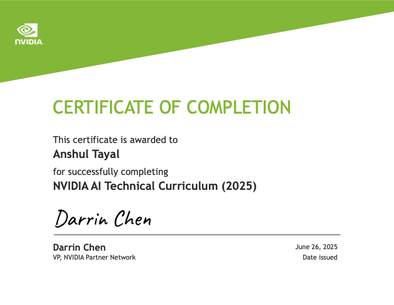 NVIDIA AI Technical Curriculum 2025 certificate